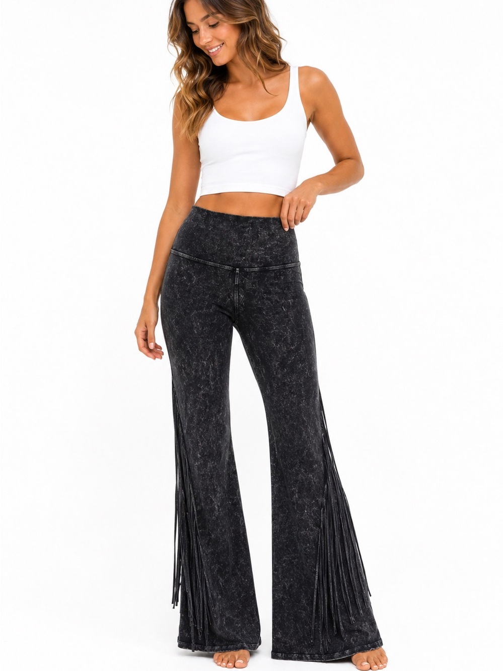 TParty Black Mineral Wash Fringe Bell Bottom Yoga Pants Size S Boho Western